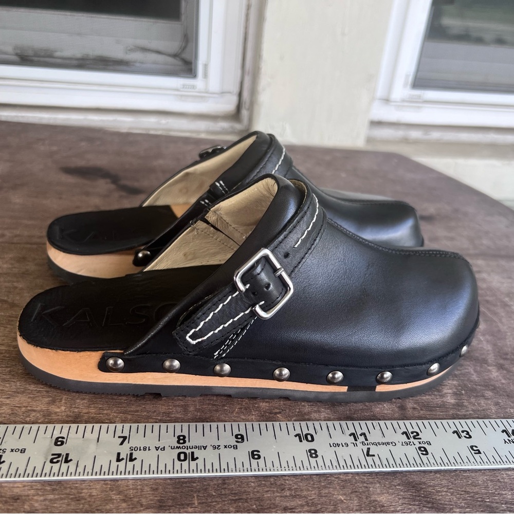 Kalso Earth Shanti Black Leather & Wood Slip Clogs Mules Negative Heel Sz 7 NWOB - Picture 12 of 13